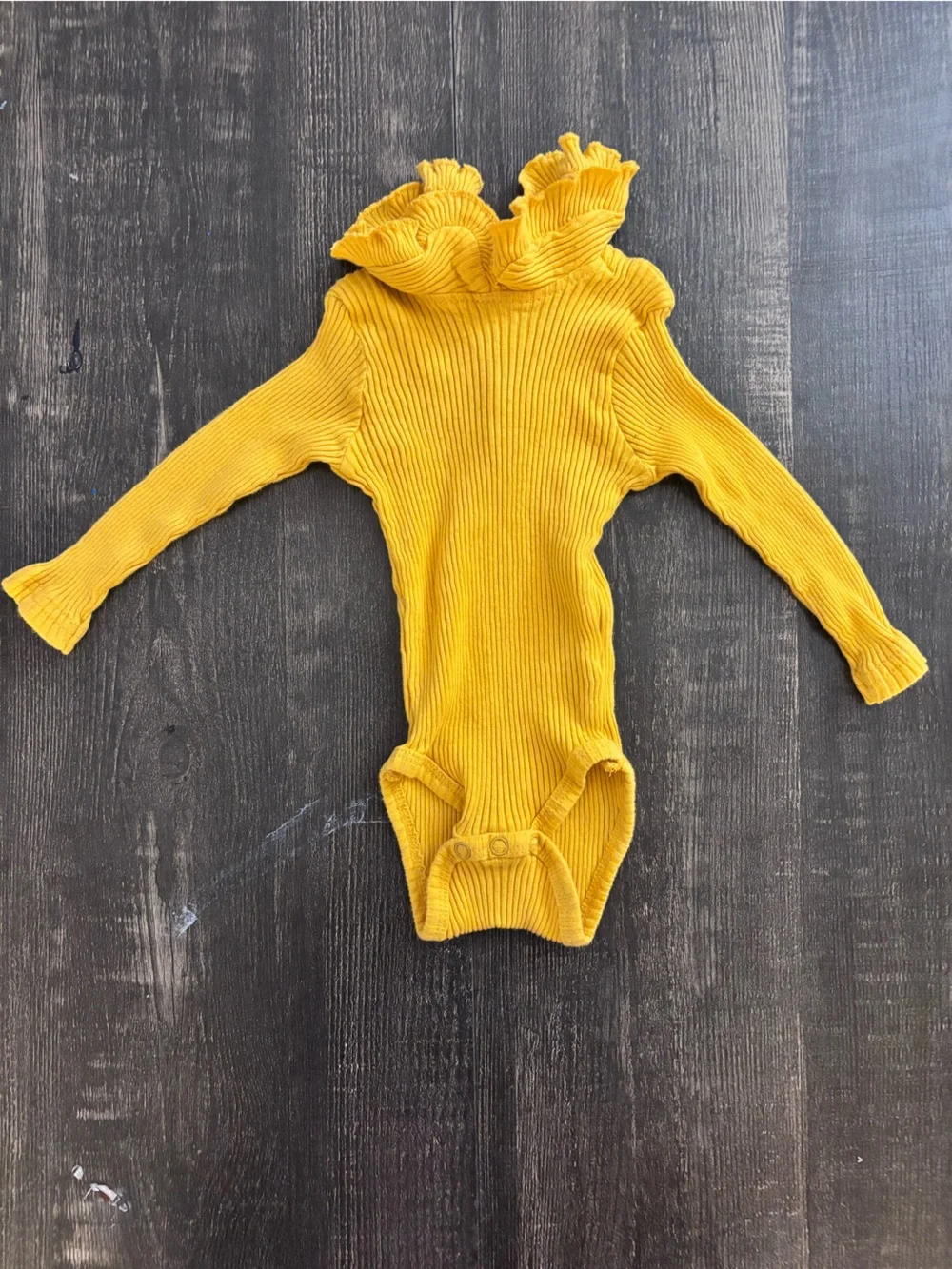 Ribbed Mustard Long-Sleeve Baby Bodysuit with Ruffle Neck